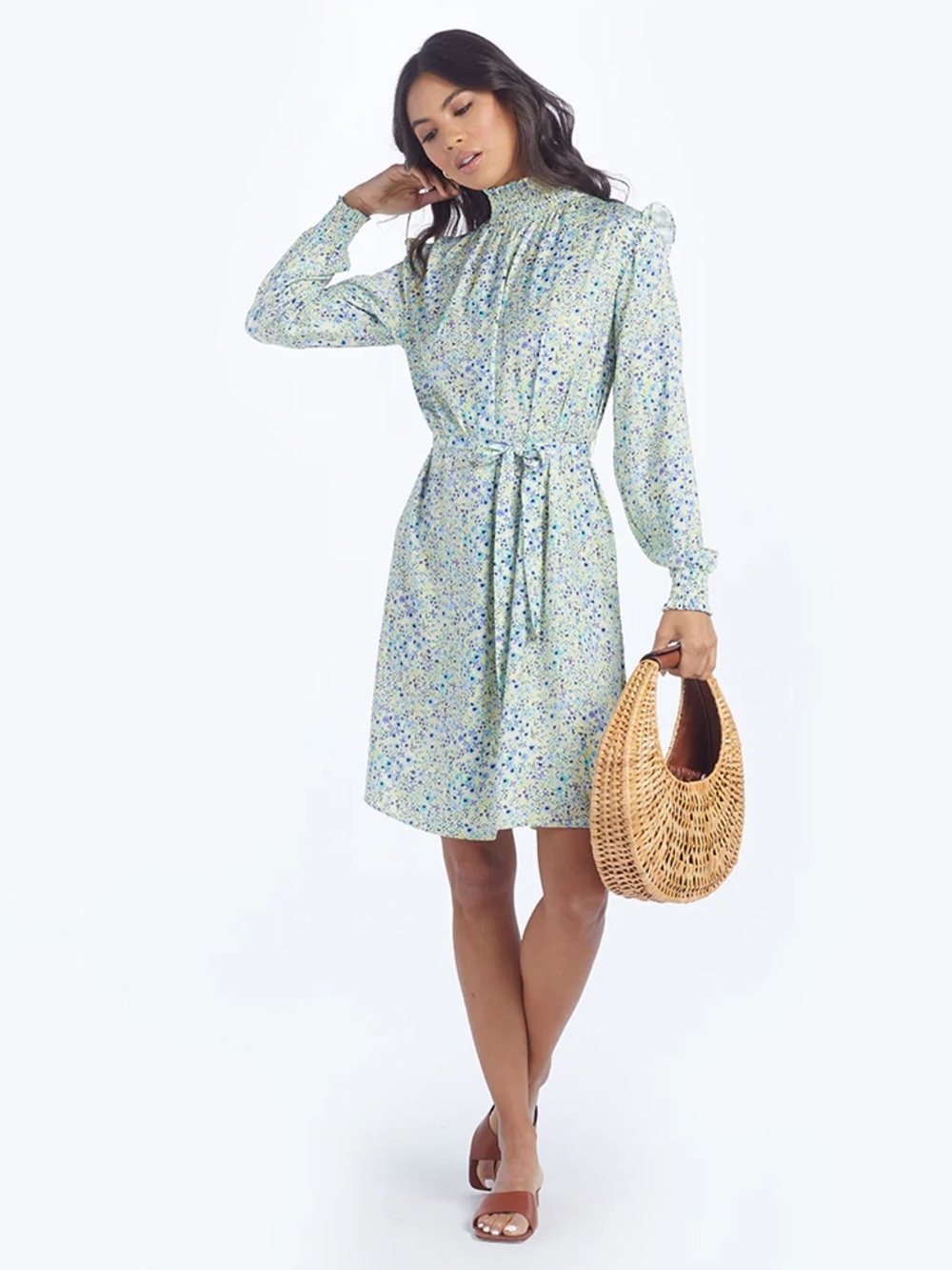 Summer salt The All Dressed Up Floral Belted Smocked Mock Neck Dress XS